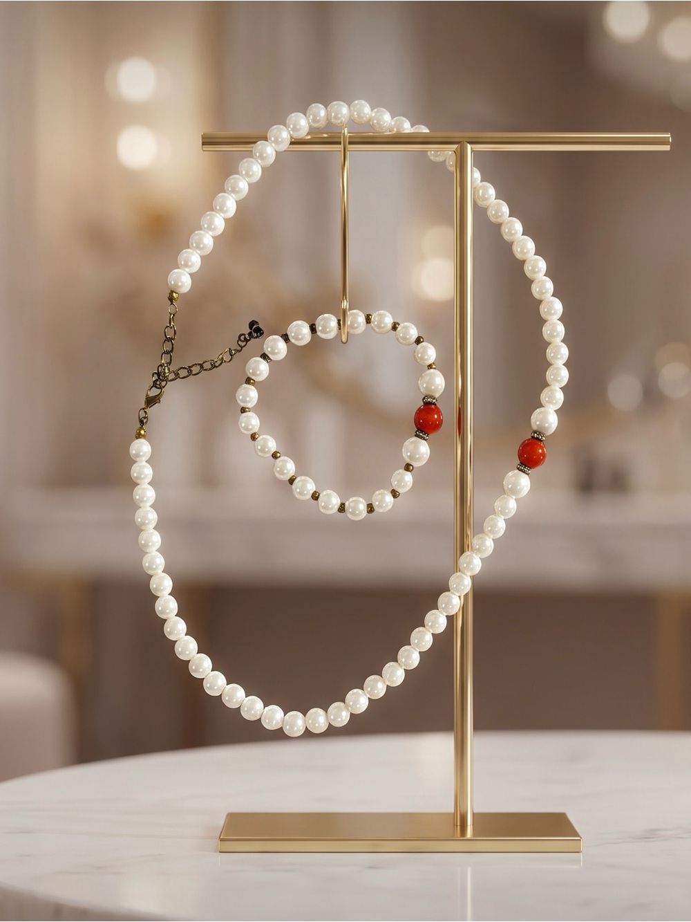 Pearl Beaded Necklace and Bracelet Set with Coral Accent - White